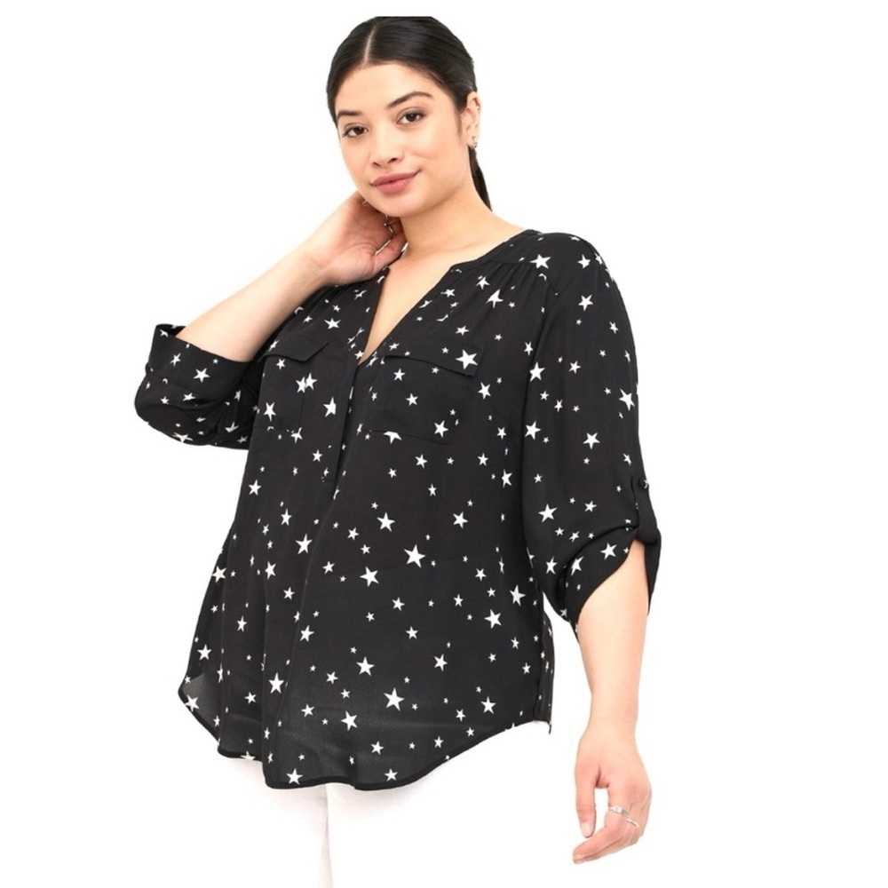 Torrid Harper 3/4 sleeve pullover Blouse Black Starry Stars Size 1x